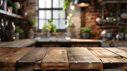 Rustic Wooden Table With Blurred Kitchen Background for Product Display
