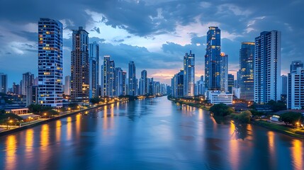 Fototapeta premium Illuminated Skyline of Captivating Modern Cityscape at Dusk with Reflections on Flowing River