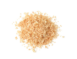 Pile of natural sawdust isolated on white, top view