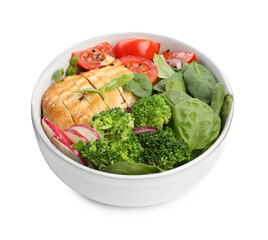 Healthy meal. Delicious chicken, vegetables and spinach in bowl isolated on white