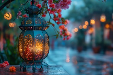 Ramadan lantern with a branch of pink flowers