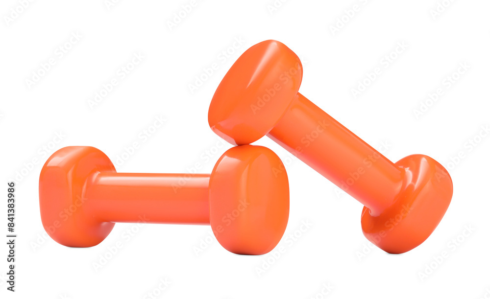 Poster Orange dumbbells isolated on white. Sports equipment