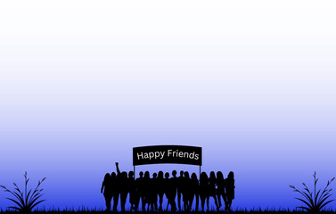Fototapeta premium Black Vector Silhouettes of Young Friends Standing in a Garden with Blue and White Background Holding a 'Happy Friends' Banner