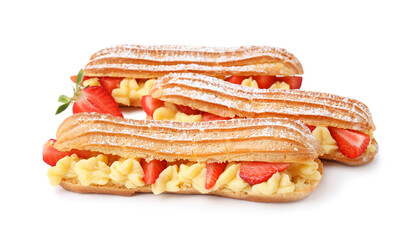 Delicious eclairs filled with cream and strawberries isolated on white
