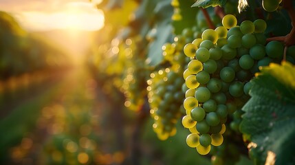 Lush green vineyard with grapes hanging from the vines under a bright sunny sky.
