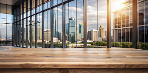 Empty Wood counter glass window in morning table top view blur city background