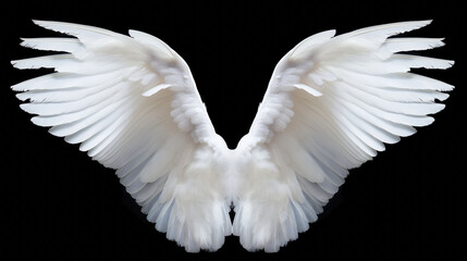 White feather angel wings isolated on black background