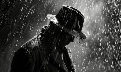 dramatic silhouette of a dangerous man in a hat at night in the rain in the city in the old crime