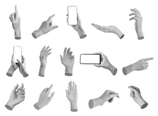 Set of different hand gestures isolated on white. Black and white effect