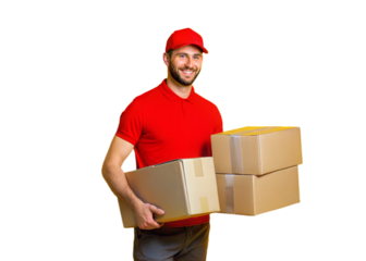 a delivery man lifting parcels box isolated on white background