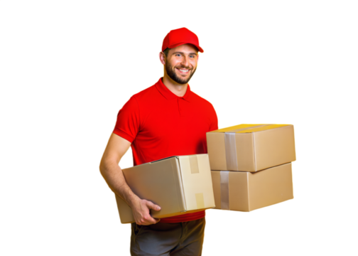 a delivery man lifting parcels box isolated on white background