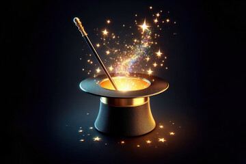Magic hat and magic wand Isolated on black background