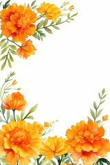 Obraz premium marigold themed frame or border for photos . with orange and yellow blooms. watercolor illustration, white color background. Botanical border for wallpaper or wrapping.