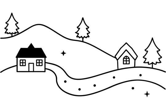 black and white houses and trees landscape
