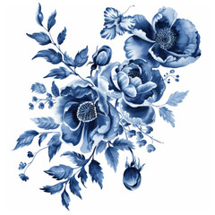 Bouquet of chinoiserie floral deep blue color