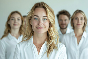 Obraz premium Confident blonde woman in focus with blurred colleagues in the background wearing white shirts in an office