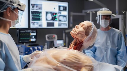 AI medical technology assists doctors during a high-tech anatomical training session using mannequins.