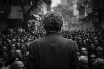 A man speaking in front of an audience from behind in a black-and-white image 