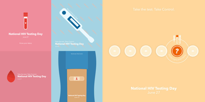 Trendy National HIV Testing Day Asset Collection. June 27. Minimal, flat design. Blood. STD Testing awareness. For poster, cards, social media, web, cover, banner. Big Vector Illustration set. 