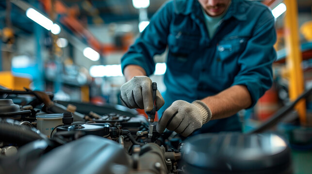 A mechanic inspecting a car's engine, tools and equipment visible in the background