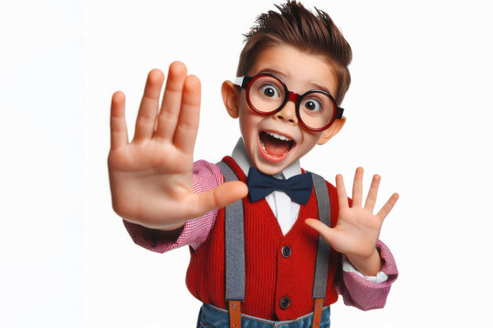 Funny child showing STOP gesture sign Isolated on white background