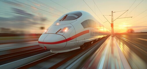 Obraz premium High-Speed Train Traveling at Sunset on Modern Rail Tracks