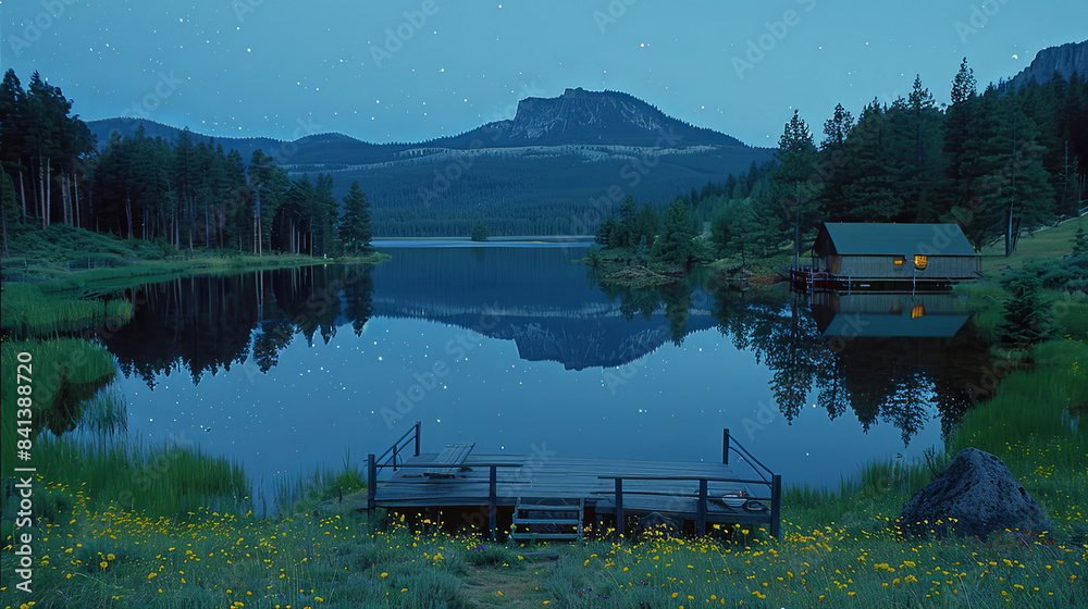 Wall mural a lake with a dock and a cabin in the background - Wall murals