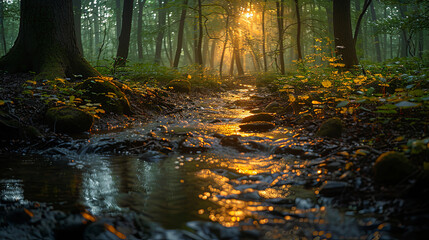 Obraz premium A stream of water flows through a forest, with sunlight reflecting off the water