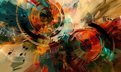 A colorful abstract painting with musical notes and shapes