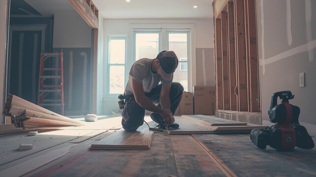 Carpenter working on a wooden floor installation in a partially renovated room, with space for text