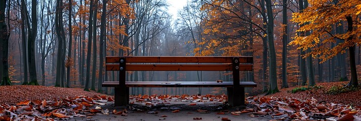 Rustic wooden bench in an autumn forest surrounded by colorful fallen leaves, perfect for a cozy and seasonal product display.

