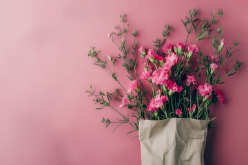 Pink Flowers in Paper Bag on Soft Pink Background
