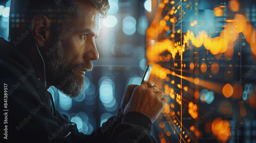 Aufkleber Website background image of a trader using an ai crypto trading bot on a mobile device cellular phone, trader, trading charts. Generative AI.