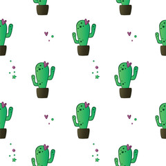 Hand drawn vector print with cactus. Seamless summer pattern. 