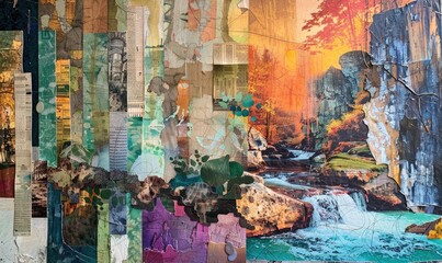 A collage of different colored paper with a river and a waterfall