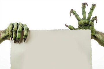 Halloween empty signboard with green monster hands. Halloween monster hands holding white blank paper sign, horror night party and trick or treat event invite. Halloween invitation, white banner.