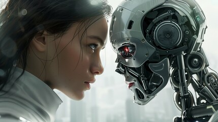 Fototapeta premium Human and AI Robot Staring Face to Face on a White Background, Depicting Advanced Technology and Futuristic Interaction, human against AI robot, human vs AI robot