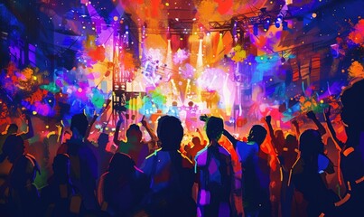 A colorful crowd of people are dancing and celebrating at a concert