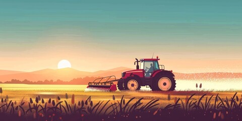 Obraz premium Sunset Harvest: Green Crops, Tractor, and Rainbow. Agriculture, Food Production, and Data Analytics Concept. 4K HD Wallpaper Background.