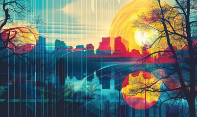A colorful painting of a city skyline with a large sun in the background