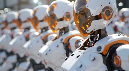 Fototapeta premium Group of artificial intelligence robots. group of cyborgs in factory