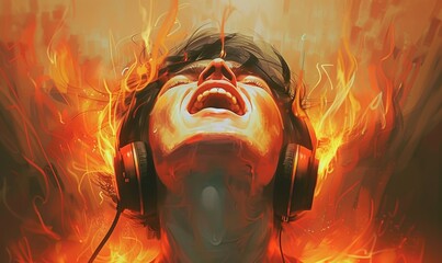 A man with headphones on his head is surrounded by fire