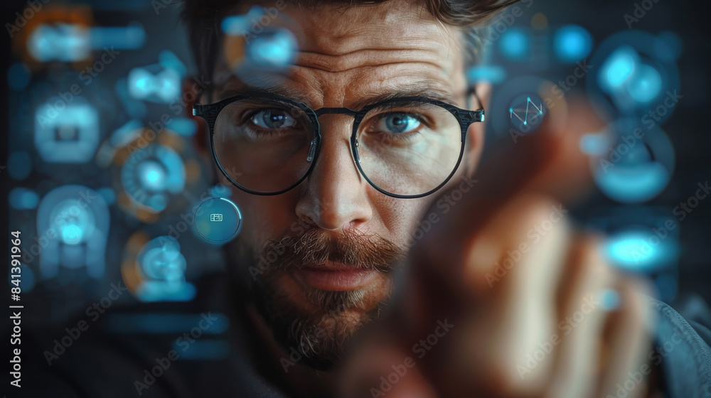Aufkleber businessman finger point to full frame game apps hud design, front view. generative ai.