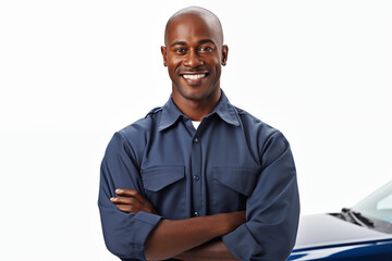 Smiling mechanic black man on a white background. Automotive professions. Job offer. Job Search. Machine repair professions. Black man. Africa. Afro american. Image for graphic designer. AI.	