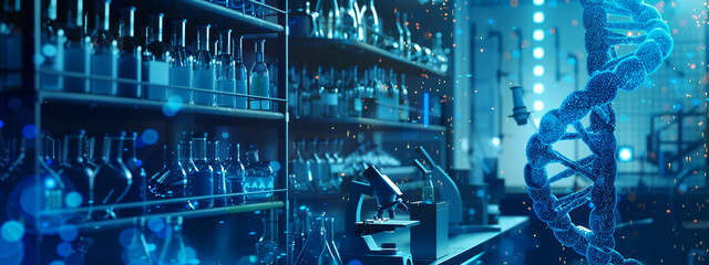 A microscope and DNA helix symbolize medical research in the laboratory with blue glowing liquid, a...