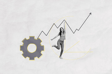 Composite artwork collage image picture of mini black white colors girl cogwheel arrow pointer isolated on creative background