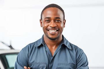 Smiling mechanic black man on a white background. Automotive professions. Job offer. Job Search. Machine repair professions. Black man. Africa. Afro american. Image for graphic designer. AI.	