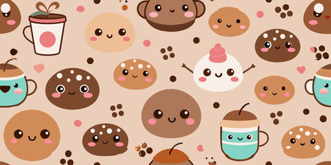 Fototapeta premium A hand-drawn illustration featuring various kawaii food items like cookies, cupcakes, and drinks with cute, expressive faces. The characters are surrounded by hearts and stars