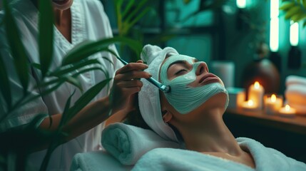 Obraz premium Relaxing Spa Treatment with Facial Mask Application in a Serene and Luxurious Setting