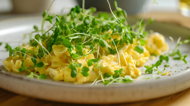 Broccoli sprouts or microgreens on top of a scrumbled eggs